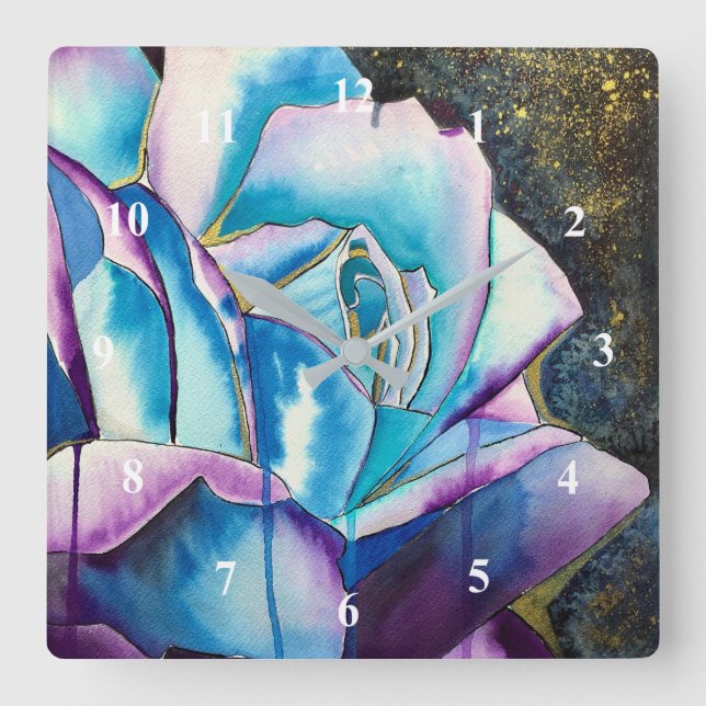 Blue purple gothic watercolor rose art square wall clock (Front)