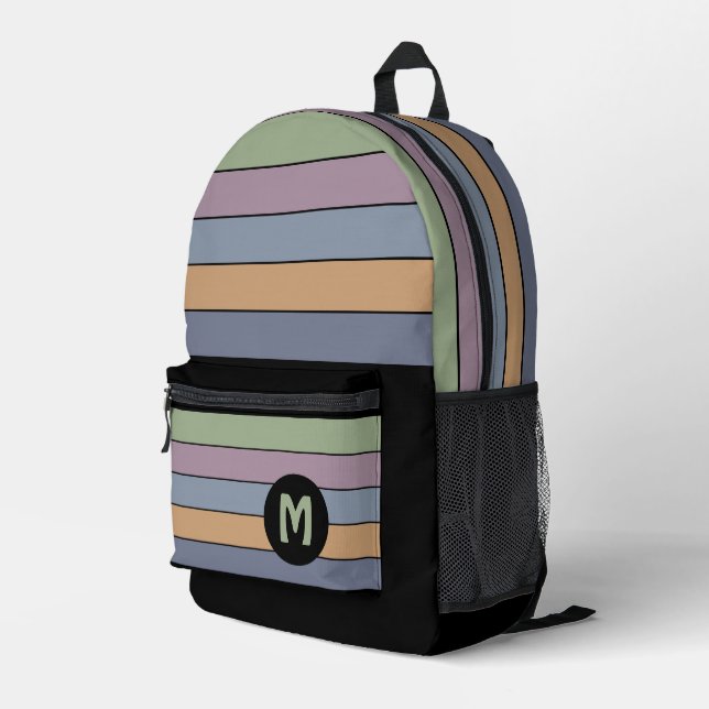Blue Purple Green Mustard Yellow Black Stripes Printed Backpack (Back Corner Right)