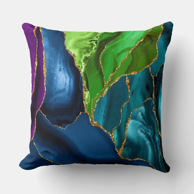 Blue, Purple & Green Peacock Agate Faux glitter Cushion (Front)