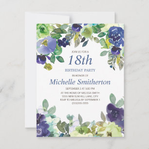 Blue Purple Green Watercolor Floral 18th Birthday Card