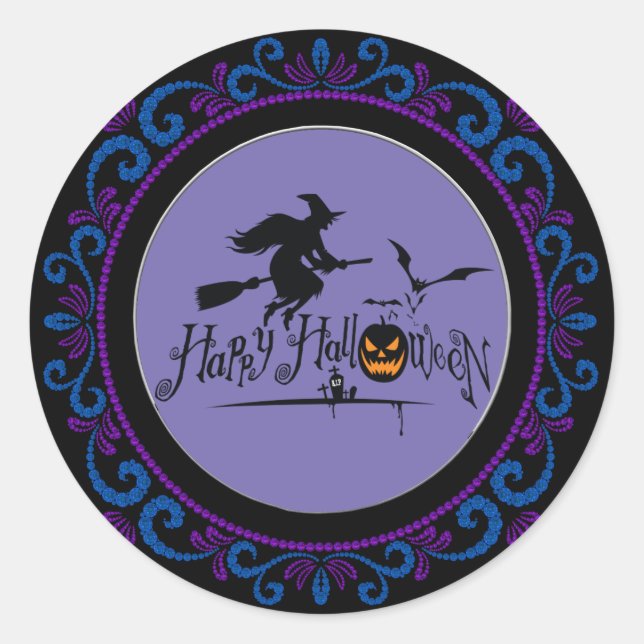 Blue Purple Happy Halloween Witch And Bats Classic Round Sticker (Front)