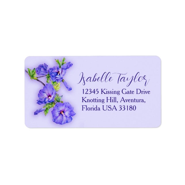 Blue purple hibiscus flower wedding reply label (Front)