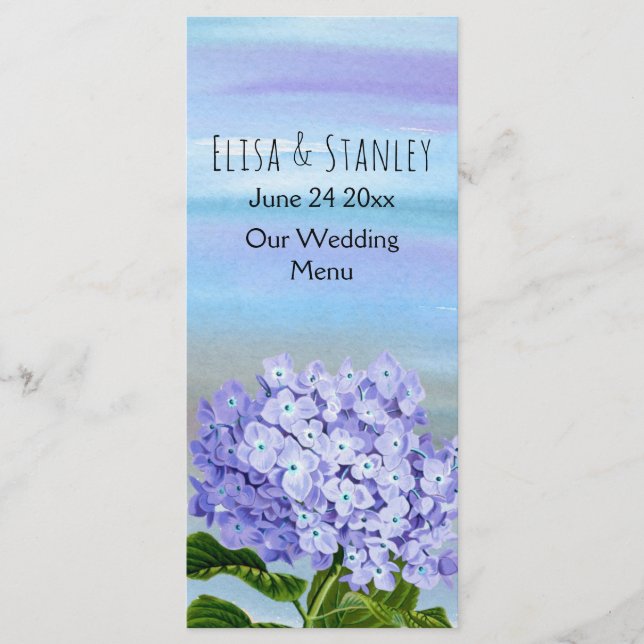 Blue, purple hydrangea flower wedding menu card (Front)