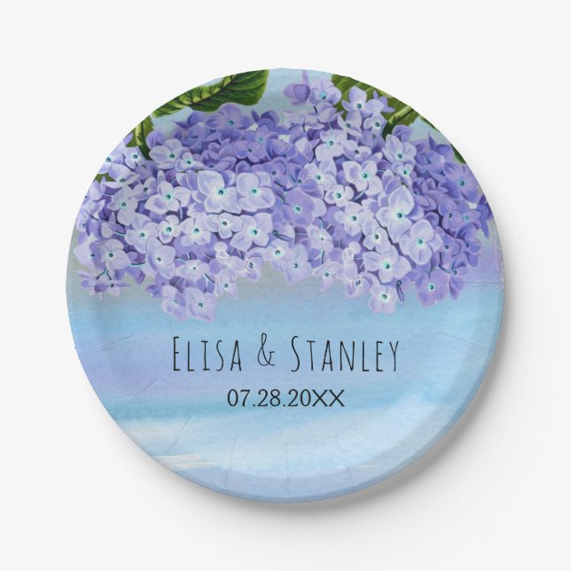 Blue purple hydrangea flowers wedding paper plate (Front)
