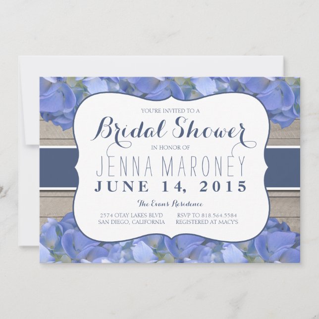 Blue Purple Hydrangea Wood Bridal Shower Invitation (Front)