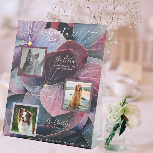 Blue Purple Hydrangeas 3 Photo Pet Signature Drink Pedestal Sign (Creator Uploaded)