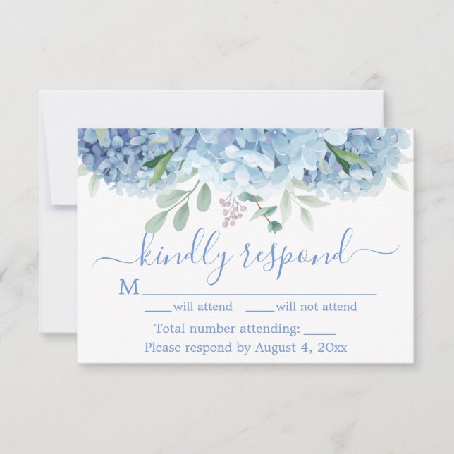 Blue Purple Hydrangeas Floral Wedding RSVP Card (Front)