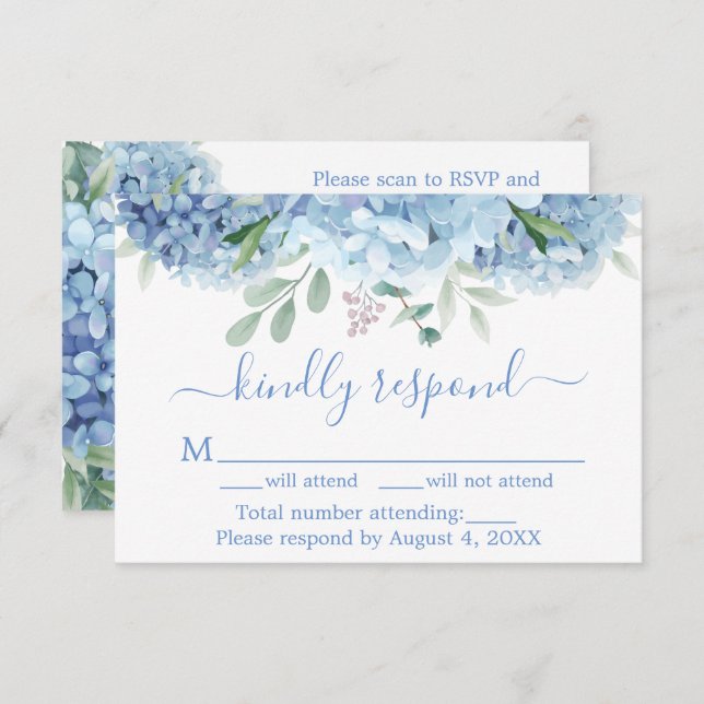 Blue Purple Hydrangeas Floral Wedding RSVP QR Code Thank You Card (Front/Back)