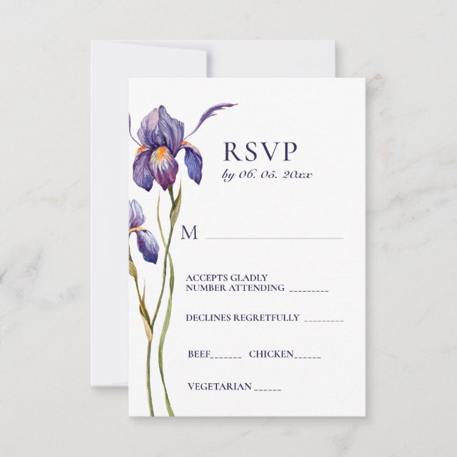 Blue Purple Iris Floral Watercolor Wedding RSVP (Front)