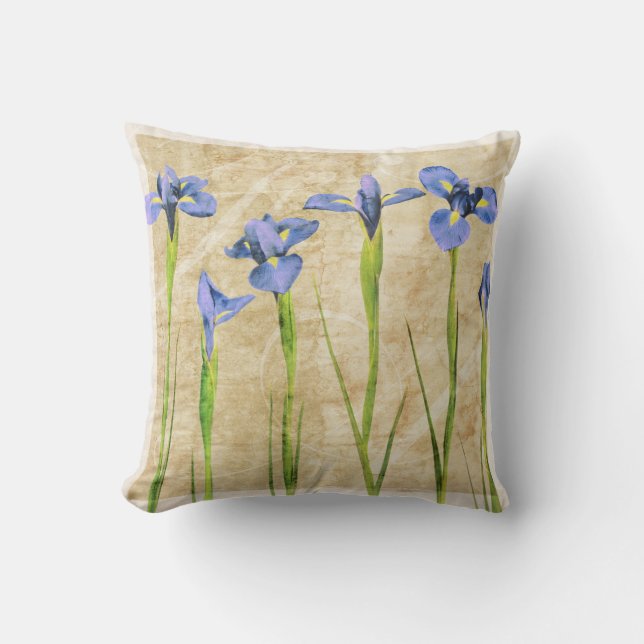 Blue Purple Iris Flowers Brown Background Floral Cushion (Front)