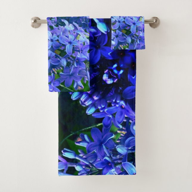 Blue purple lilacs romantic blue floral photo bath towel set (Insitu)