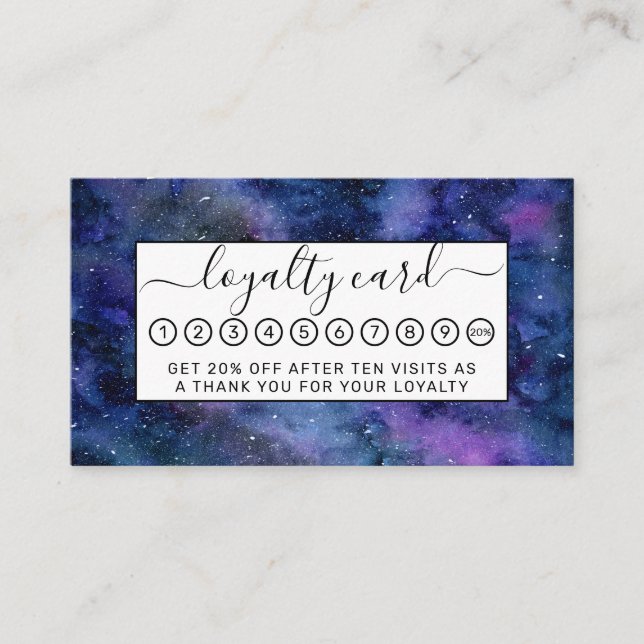 Blue Purple Majestic Starry Nebula Watercolor Loyalty Card (Front)
