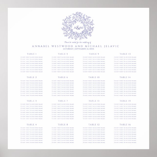 Blue purple monogram  16 table wedding chart (Front)