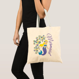 Blue Purple Ocean Blonde Mermaid Girl Bubbles Tote Bag