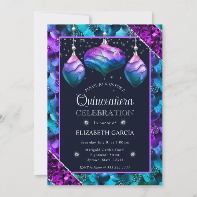 Blue & Purple Ombre Mermaid Ornaments Quinceanera Invitation (Front)