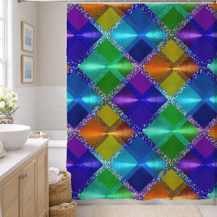 Blue Purple Orange Green Glitter Plaid Design Shower Curtain