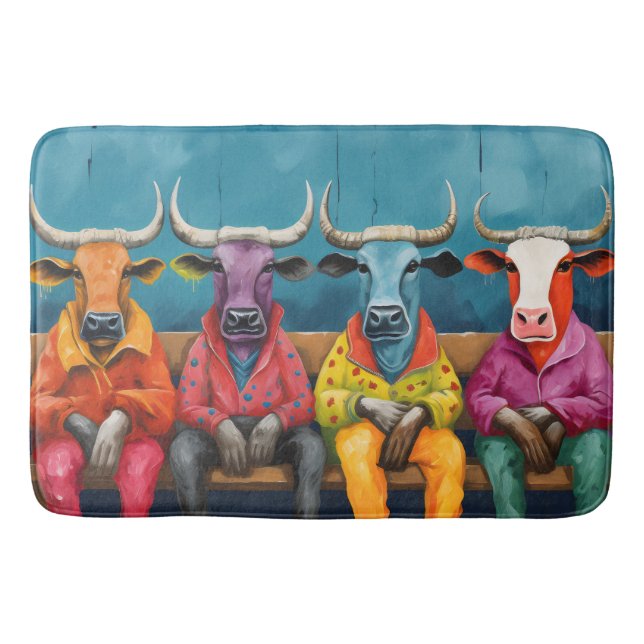Blue Purple Ox Cow Farm Dressed up Bath Mat (Front)