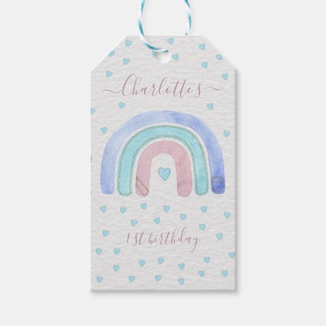 Blue Purple Pastel Rainbow First Birthday Gift Tag (Front)