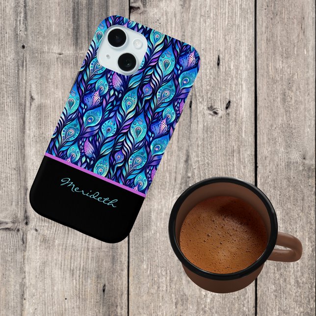 Blue Purple Peacock Feathers on Black Monogram Case-Mate iPhone Case (Creator Uploaded)