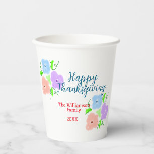 Blue purple pink happy thanksgiving add family n paper cups