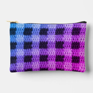 Blue Purple Pink Hues Plaid Artisan Crochet Print Accessory Pouch