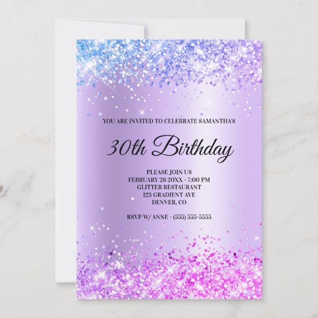 Blue Purple Pink Ombre Sparkly Glitter Satin Foil Invitation (Front)