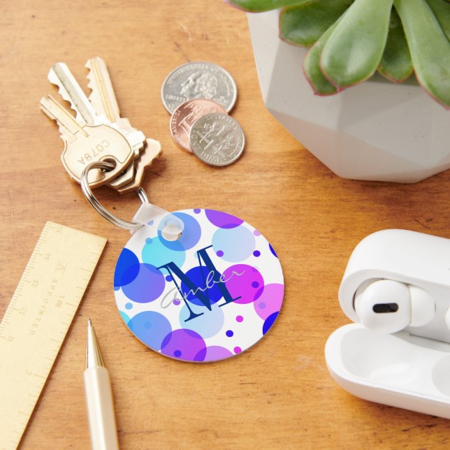 Blue Purple Polka Dot Circles Personalised Key Ring (Desk)