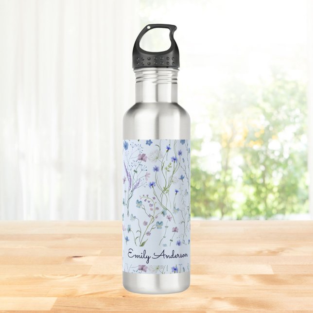 Blue Purple Pretty Wildflower Floral Pattern 710 Ml Water Bottle (Close up)