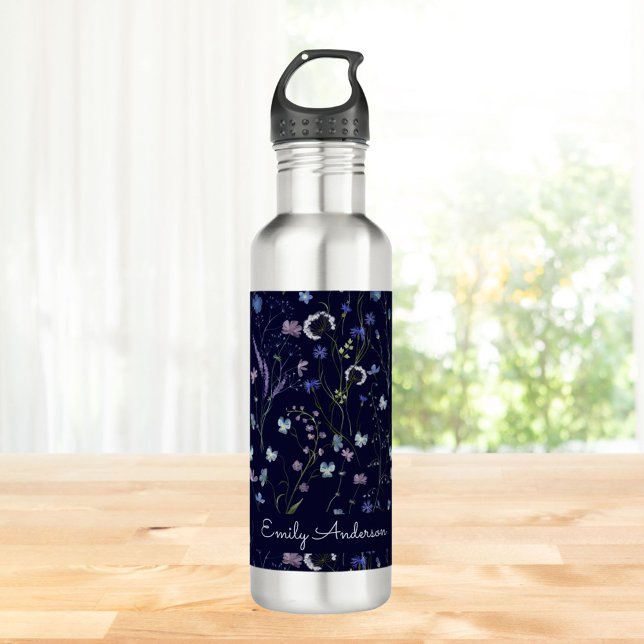 Blue Purple Pretty Wildflower Floral Pattern 710 Ml Water Bottle (Close up)