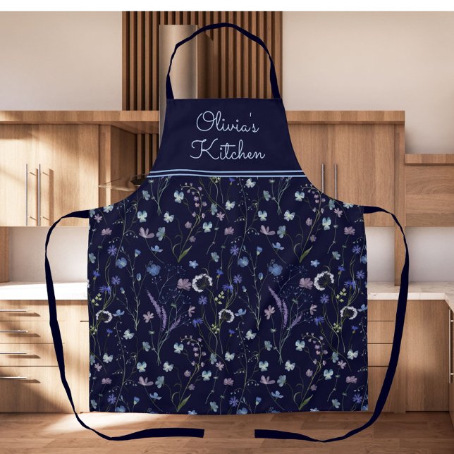 Blue Purple Pretty Wildflower Floral Pattern Apron (In situ)