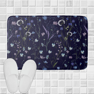 Blue Purple Pretty Wildflower Floral Pattern Bath Mat