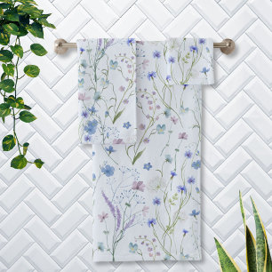 Blue Purple Pretty Wildflower Floral Pattern Bath Towel Set