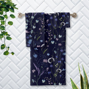 Blue Purple Pretty Wildflower Floral Pattern Bath Towel Set