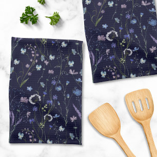Blue Purple Pretty Wildflower Floral Pattern Tea Towel