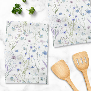 Blue Purple Pretty Wildflower Floral Pattern Tea Towel