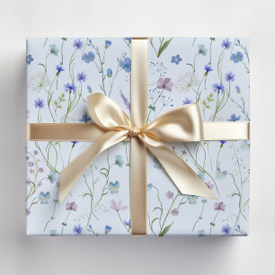 Blue Purple Pretty Wildflower Floral Pattern Wrapping Paper Sheet
