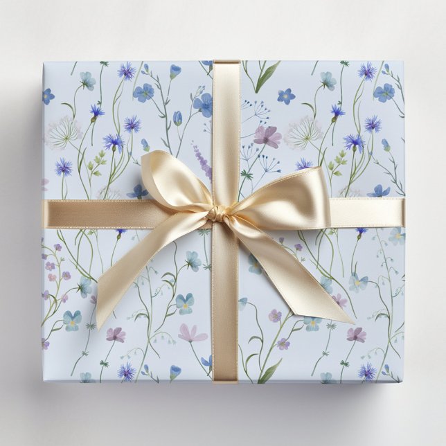 Blue Purple Pretty Wildflower Floral Pattern Wrapping Paper Sheet (In situ)