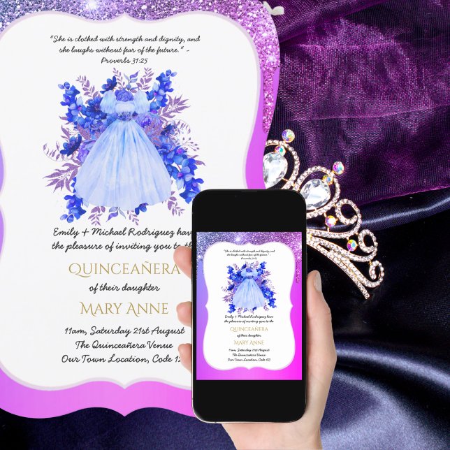 Blue Purple Quinceañera BLUE Floral Elegant Invitation (Creator Uploaded)