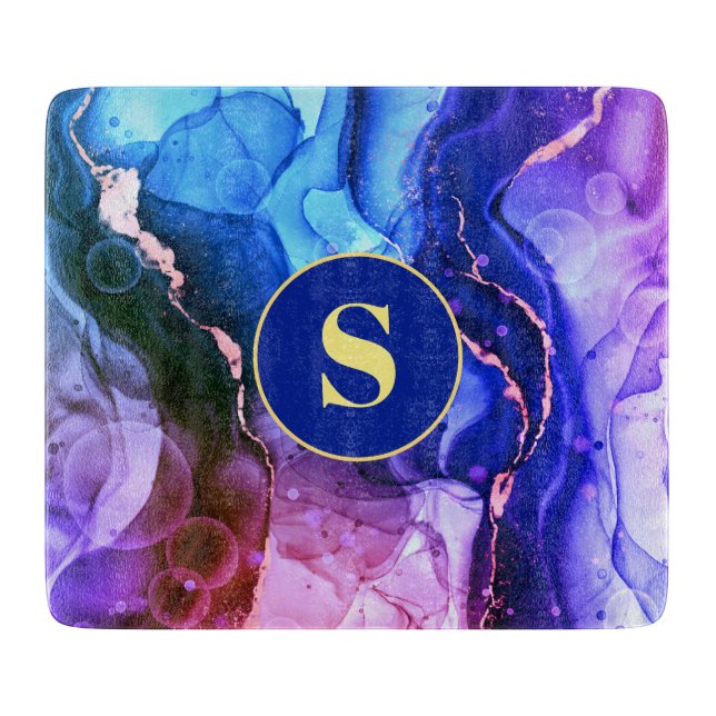 Blue, Purple & Red-Violet Liquid Ink, Monogram Cutting Board (Front)