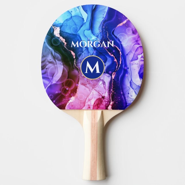Blue Purple Red-Violet Liquid Ink, Monogram & Name Ping Pong Paddle (Front)
