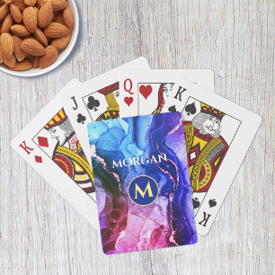 Blue Purple Red-Violet Liquid Ink, Monogram & Name Playing Cards