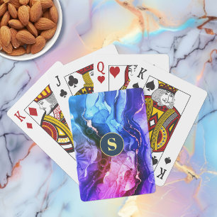 Blue, Purple & Red-Violet Liquid Ink, Monogram Playing Cards