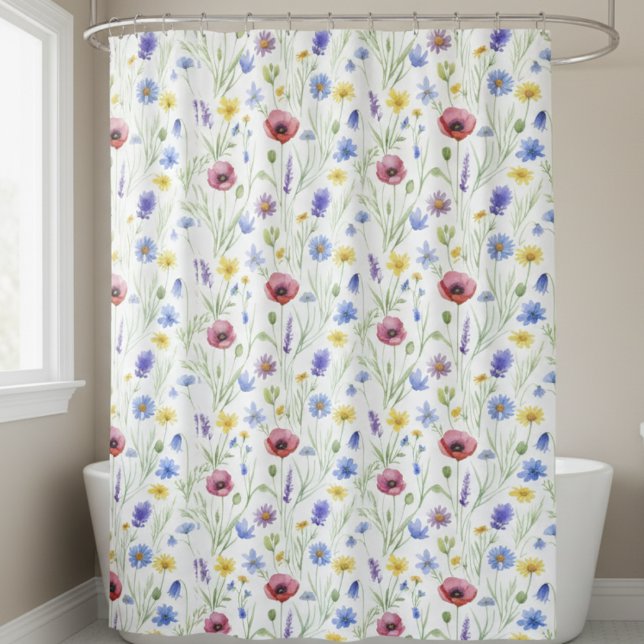 Blue Purple Red Watercolor Wildflower Shower Curtain (Creator Uploaded)