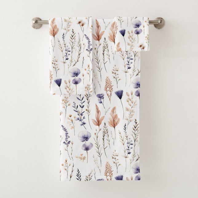 Blue Purple Rose Beige Wildflowers Botanical Boho Bath Towel Set (Insitu)