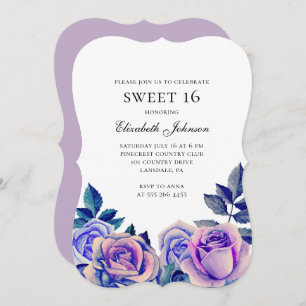 Blue purple roses sweet 16. Floral 16th birthday Invitation