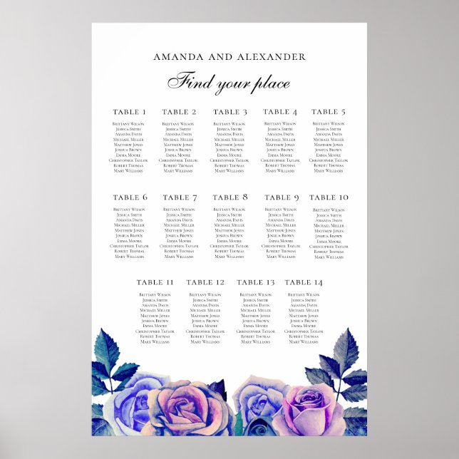 Blue purple roses. Wedding seating chart 14 tables (Front)