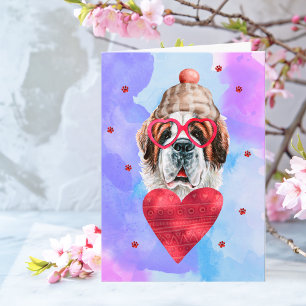 Blue Purple Saint Bernard Valentine's Day Gift Dog Card
