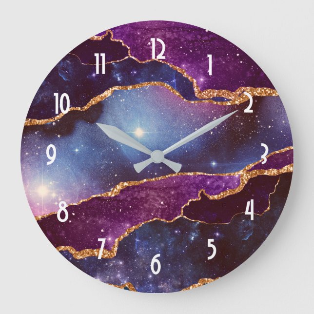 Blue & Purple Space & Stars Modern Agate Large Clock (Front)