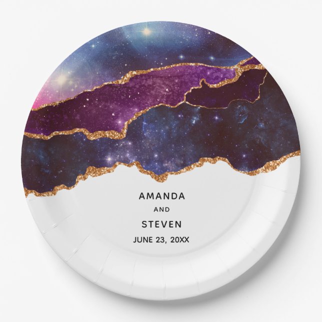 Blue & Purple Space & Stars Modern Agate Wedding Paper Plate (Front)