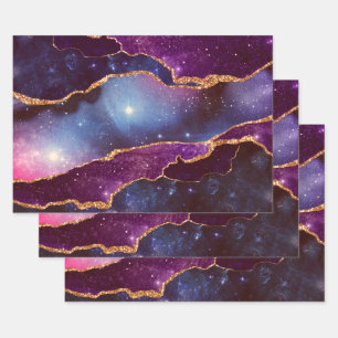 Blue & Purple Space & Stars Modern Agate Wrapping Paper Sheet